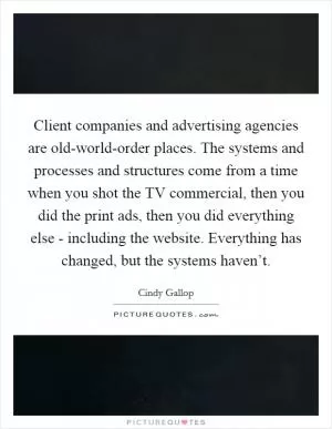 Client companies and advertising agencies are old-world-order places. The systems and processes and structures come from a time when you shot the TV commercial, then you did the print ads, then you did everything else - including the website. Everything has changed, but the systems haven’t Picture Quote #1