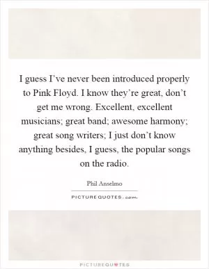 I guess I’ve never been introduced properly to Pink Floyd. I know they’re great, don’t get me wrong. Excellent, excellent musicians; great band; awesome harmony; great song writers; I just don’t know anything besides, I guess, the popular songs on the radio Picture Quote #1