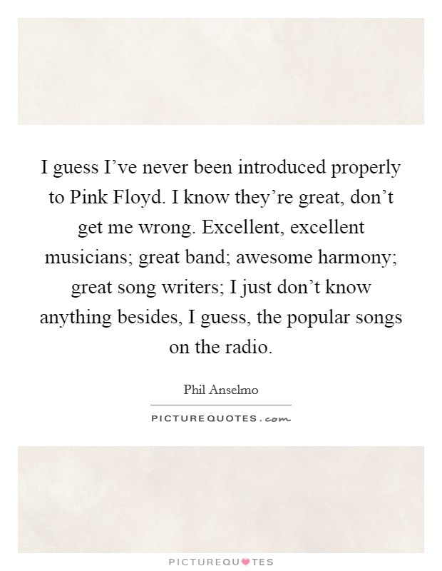 I guess I've never been introduced properly to Pink Floyd. I know they're great, don't get me wrong. Excellent, excellent musicians; great band; awesome harmony; great song writers; I just don't know anything besides, I guess, the popular songs on the radio Picture Quote #1