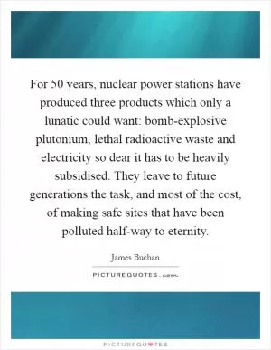 For 50 years, nuclear power stations have produced three products which only a lunatic could want: bomb-explosive plutonium, lethal radioactive waste and electricity so dear it has to be heavily subsidised. They leave to future generations the task, and most of the cost, of making safe sites that have been polluted half-way to eternity Picture Quote #1