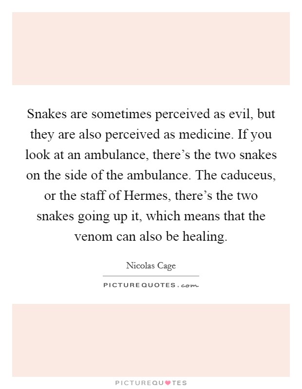 Snakes are sometimes perceived as evil, but they are also perceived as medicine. If you look at an ambulance, there's the two snakes on the side of the ambulance. The caduceus, or the staff of Hermes, there's the two snakes going up it, which means that the venom can also be healing Picture Quote #1