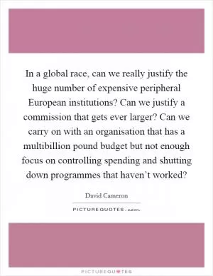 In a global race, can we really justify the huge number of expensive peripheral European institutions? Can we justify a commission that gets ever larger? Can we carry on with an organisation that has a multibillion pound budget but not enough focus on controlling spending and shutting down programmes that haven’t worked? Picture Quote #1