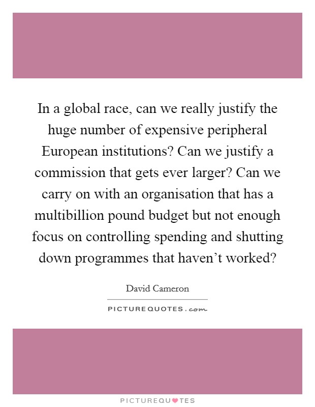 In a global race, can we really justify the huge number of expensive peripheral European institutions? Can we justify a commission that gets ever larger? Can we carry on with an organisation that has a multibillion pound budget but not enough focus on controlling spending and shutting down programmes that haven't worked? Picture Quote #1