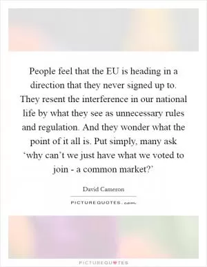 People feel that the EU is heading in a direction that they never signed up to. They resent the interference in our national life by what they see as unnecessary rules and regulation. And they wonder what the point of it all is. Put simply, many ask ‘why can’t we just have what we voted to join - a common market?’ Picture Quote #1