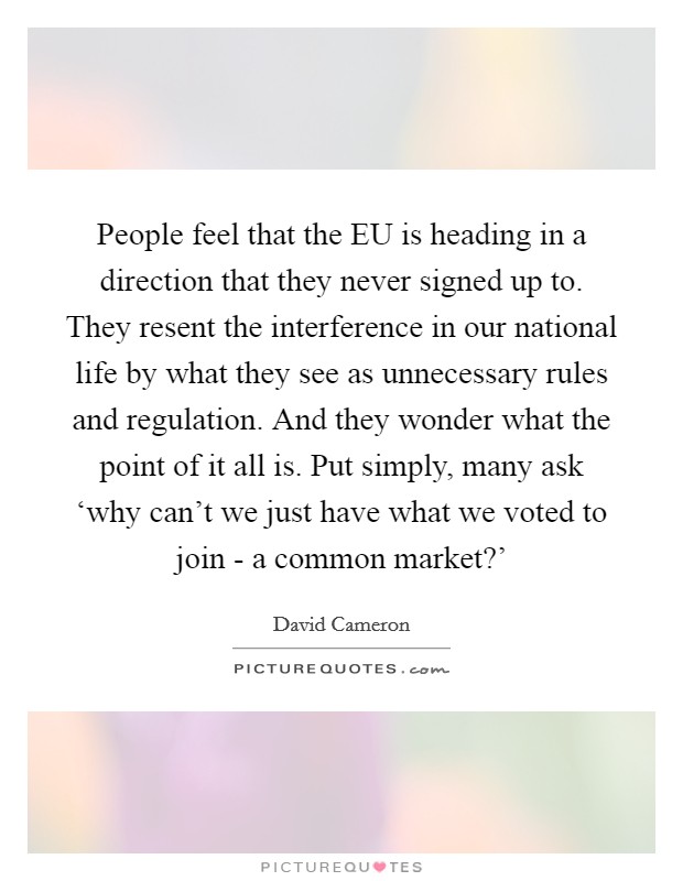 People feel that the EU is heading in a direction that they never signed up to. They resent the interference in our national life by what they see as unnecessary rules and regulation. And they wonder what the point of it all is. Put simply, many ask ‘why can't we just have what we voted to join - a common market?' Picture Quote #1
