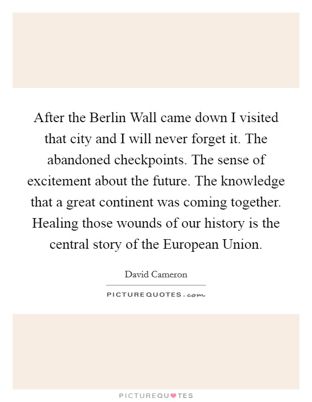 After the Berlin Wall came down I visited that city and I will never forget it. The abandoned checkpoints. The sense of excitement about the future. The knowledge that a great continent was coming together. Healing those wounds of our history is the central story of the European Union Picture Quote #1