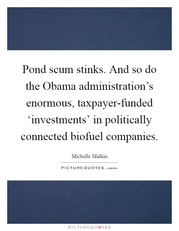 Pond scum stinks. And so do the Obama administration's enormous, taxpayer-funded ‘investments' in politically connected biofuel companies Picture Quote #1