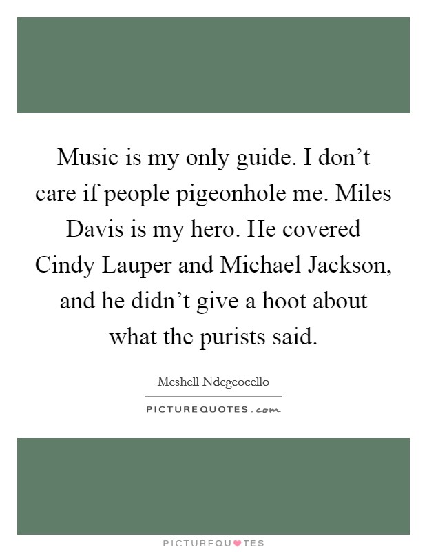 Music is my only guide. I don't care if people pigeonhole me. Miles Davis is my hero. He covered Cindy Lauper and Michael Jackson, and he didn't give a hoot about what the purists said Picture Quote #1