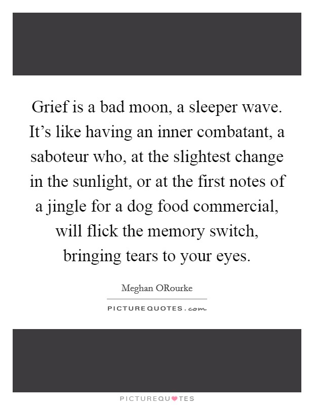 Grief is a bad moon, a sleeper wave. It's like having an inner combatant, a saboteur who, at the slightest change in the sunlight, or at the first notes of a jingle for a dog food commercial, will flick the memory switch, bringing tears to your eyes Picture Quote #1
