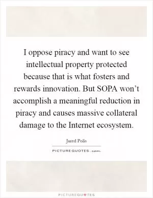 I oppose piracy and want to see intellectual property protected because that is what fosters and rewards innovation. But SOPA won’t accomplish a meaningful reduction in piracy and causes massive collateral damage to the Internet ecosystem Picture Quote #1