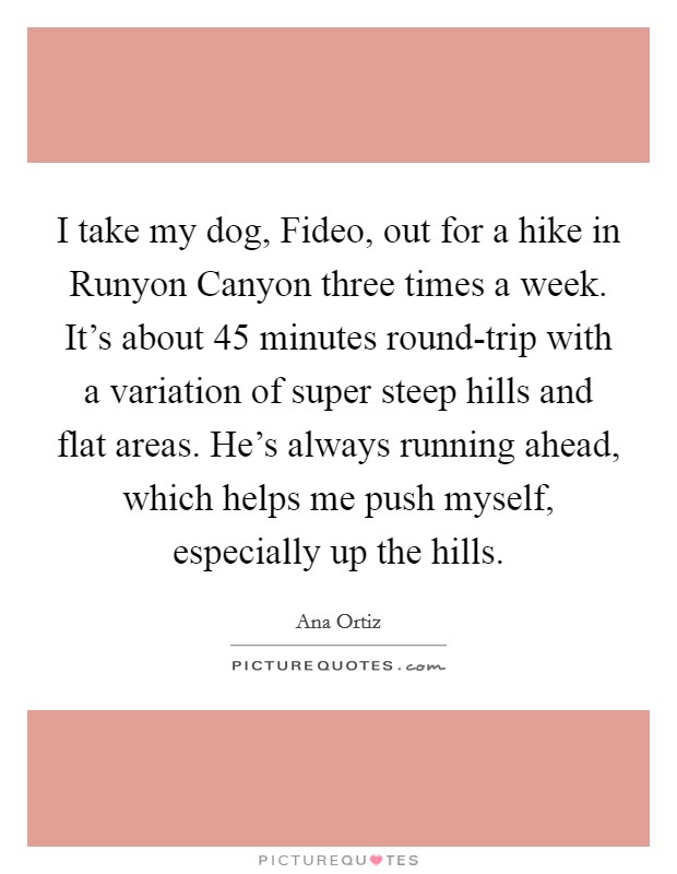 I take my dog, Fideo, out for a hike in Runyon Canyon three times a week. It's about 45 minutes round-trip with a variation of super steep hills and flat areas. He's always running ahead, which helps me push myself, especially up the hills Picture Quote #1