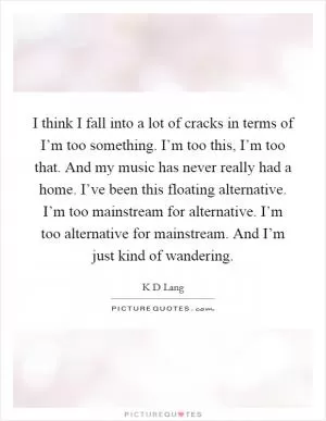 I think I fall into a lot of cracks in terms of I’m too something. I’m too this, I’m too that. And my music has never really had a home. I’ve been this floating alternative. I’m too mainstream for alternative. I’m too alternative for mainstream. And I’m just kind of wandering Picture Quote #1