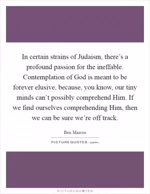 In certain strains of Judaism, there’s a profound passion for the ineffable. Contemplation of God is meant to be forever elusive, because, you know, our tiny minds can’t possibly comprehend Him. If we find ourselves comprehending Him, then we can be sure we’re off track Picture Quote #1