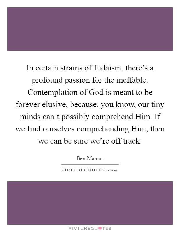 In certain strains of Judaism, there's a profound passion for the ineffable. Contemplation of God is meant to be forever elusive, because, you know, our tiny minds can't possibly comprehend Him. If we find ourselves comprehending Him, then we can be sure we're off track Picture Quote #1