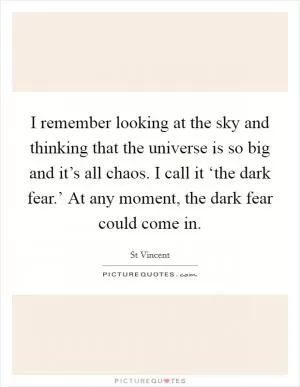 I remember looking at the sky and thinking that the universe is so big and it’s all chaos. I call it ‘the dark fear.’ At any moment, the dark fear could come in Picture Quote #1
