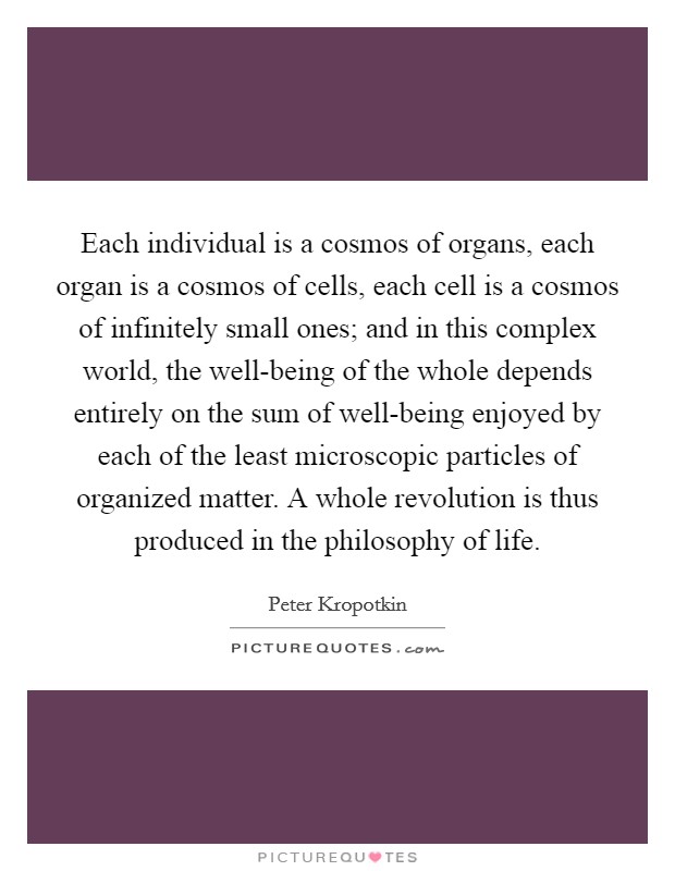 Each individual is a cosmos of organs, each organ is a cosmos of cells, each cell is a cosmos of infinitely small ones; and in this complex world, the well-being of the whole depends entirely on the sum of well-being enjoyed by each of the least microscopic particles of organized matter. A whole revolution is thus produced in the philosophy of life Picture Quote #1