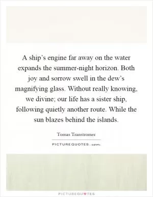 A ship’s engine far away on the water expands the summer-night horizon. Both joy and sorrow swell in the dew’s magnifying glass. Without really knowing, we divine; our life has a sister ship, following quietly another route. While the sun blazes behind the islands Picture Quote #1