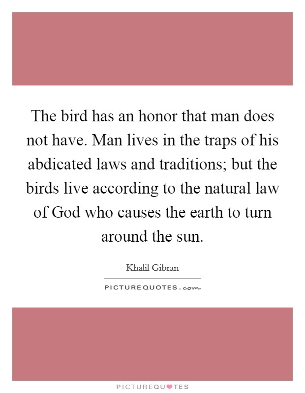 The bird has an honor that man does not have. Man lives in the traps of his abdicated laws and traditions; but the birds live according to the natural law of God who causes the earth to turn around the sun Picture Quote #1