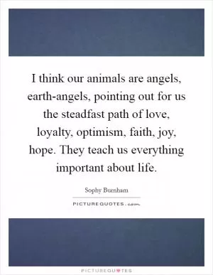 I think our animals are angels, earth-angels, pointing out for us the steadfast path of love, loyalty, optimism, faith, joy, hope. They teach us everything important about life Picture Quote #1