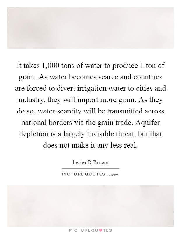 It takes 1,000 tons of water to produce 1 ton of grain. As water becomes scarce and countries are forced to divert irrigation water to cities and industry, they will import more grain. As they do so, water scarcity will be transmitted across national borders via the grain trade. Aquifer depletion is a largely invisible threat, but that does not make it any less real Picture Quote #1