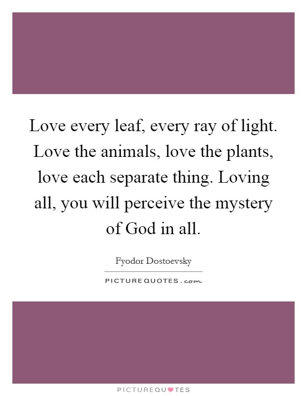 Love every leaf, every ray of light. Love the animals, love the plants, love each separate thing. Loving all, you will perceive the mystery of God in all Picture Quote #1