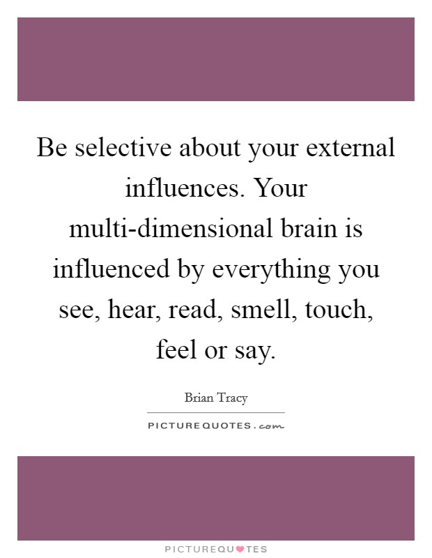Be selective about your external influences. Your multi-dimensional brain is influenced by everything you see, hear, read, smell, touch, feel or say Picture Quote #1