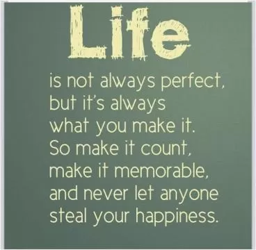 Life is not always perfect, but it's always what you make it. So make it count, make it memorable and never let anyone steal your happiness Picture Quote #1