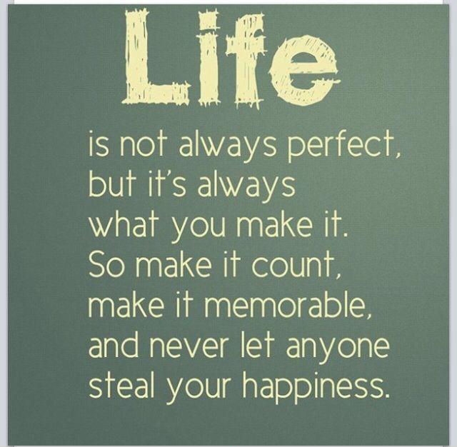 Life is not always perfect, but it's always what you make it. So make it count, make it memorable and never let anyone steal your happiness Picture Quote #1