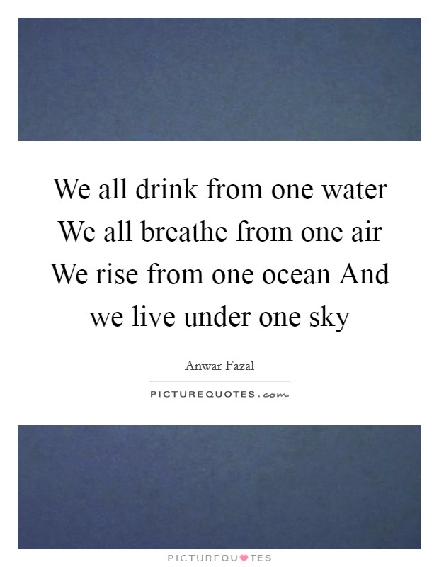 We all drink from one water We all breathe from one air We rise from one ocean And we live under one sky Picture Quote #1