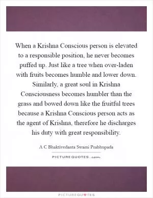 When a Krishna Conscious person is elevated to a responsible position, he never becomes puffed up. Just like a tree when over-laden with fruits becomes humble and lower down. Similarly, a great soul in Krishna Consciousness becomes humbler than the grass and bowed down like the fruitful trees because a Krishna Conscious person acts as the agent of Krishna, therefore he discharges his duty with great responsibility Picture Quote #1