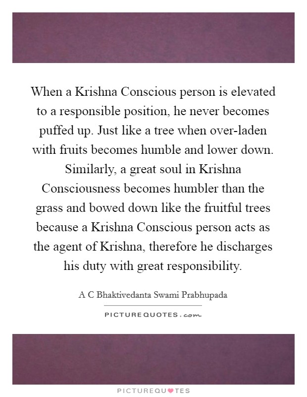 When a Krishna Conscious person is elevated to a responsible position, he never becomes puffed up. Just like a tree when over-laden with fruits becomes humble and lower down. Similarly, a great soul in Krishna Consciousness becomes humbler than the grass and bowed down like the fruitful trees because a Krishna Conscious person acts as the agent of Krishna, therefore he discharges his duty with great responsibility Picture Quote #1