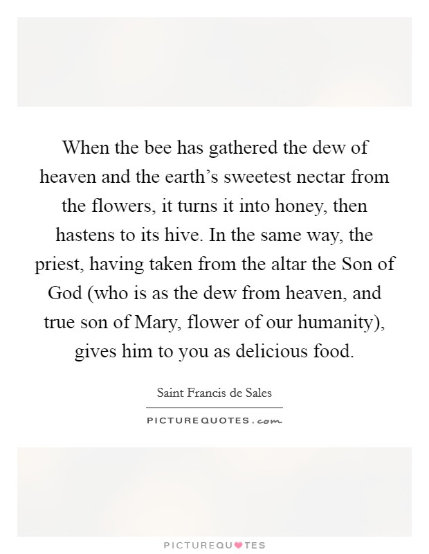 When the bee has gathered the dew of heaven and the earth's sweetest nectar from the flowers, it turns it into honey, then hastens to its hive. In the same way, the priest, having taken from the altar the Son of God (who is as the dew from heaven, and true son of Mary, flower of our humanity), gives him to you as delicious food Picture Quote #1