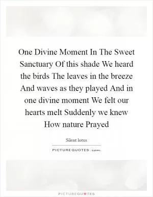 One Divine Moment In The Sweet Sanctuary Of this shade We heard the birds The leaves in the breeze And waves as they played And in one divine moment We felt our hearts melt Suddenly we knew How nature Prayed Picture Quote #1