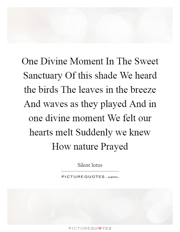 One Divine Moment In The Sweet Sanctuary Of this shade We heard the birds The leaves in the breeze And waves as they played And in one divine moment We felt our hearts melt Suddenly we knew How nature Prayed Picture Quote #1