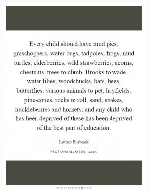 Every child should have mud pies, grasshoppers, water bugs, tadpoles, frogs, mud turtles, elderberries, wild strawberries, acorns, chestnuts, trees to climb. Brooks to wade, water lilies, woodchucks, bats, bees, butterflies, various animals to pet, hayfields, pine-cones, rocks to roll, sand, snakes, huckleberries and hornets; and any child who has been deprived of these has been deprived of the best part of education Picture Quote #1