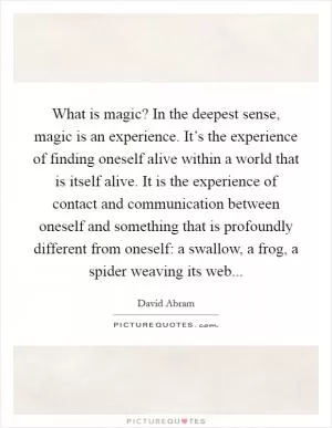 What is magic? In the deepest sense, magic is an experience. It’s the experience of finding oneself alive within a world that is itself alive. It is the experience of contact and communication between oneself and something that is profoundly different from oneself: a swallow, a frog, a spider weaving its web Picture Quote #1