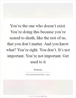 You’re the one who doesn’t exist. You’re doing this because you’re scared to death, like the rest of us, that you don’t matter. And you know what? You’re right. You don’t. It’s not important. You’re not important. Get used to it Picture Quote #1