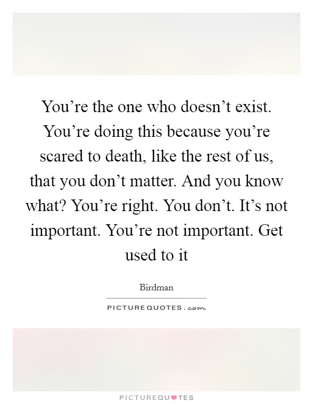 You're the one who doesn't exist. You're doing this because you're scared to death, like the rest of us, that you don't matter. And you know what? You're right. You don't. It's not important. You're not important. Get used to it Picture Quote #1