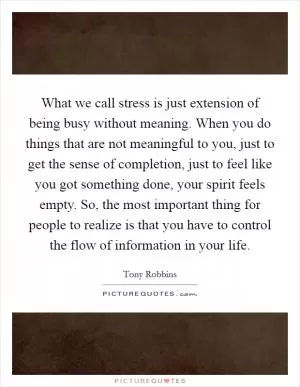 What we call stress is just extension of being busy without meaning. When you do things that are not meaningful to you, just to get the sense of completion, just to feel like you got something done, your spirit feels empty. So, the most important thing for people to realize is that you have to control the flow of information in your life Picture Quote #1