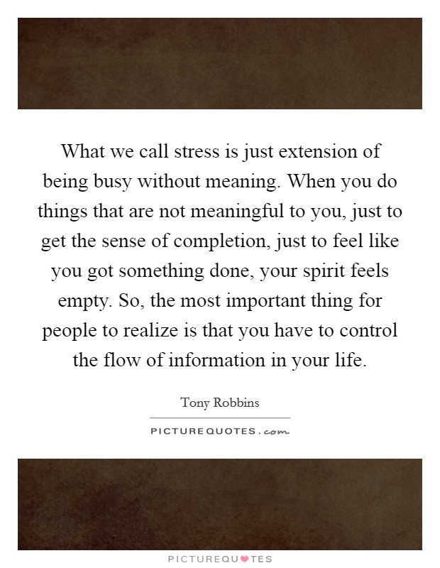 What we call stress is just extension of being busy without meaning. When you do things that are not meaningful to you, just to get the sense of completion, just to feel like you got something done, your spirit feels empty. So, the most important thing for people to realize is that you have to control the flow of information in your life Picture Quote #1
