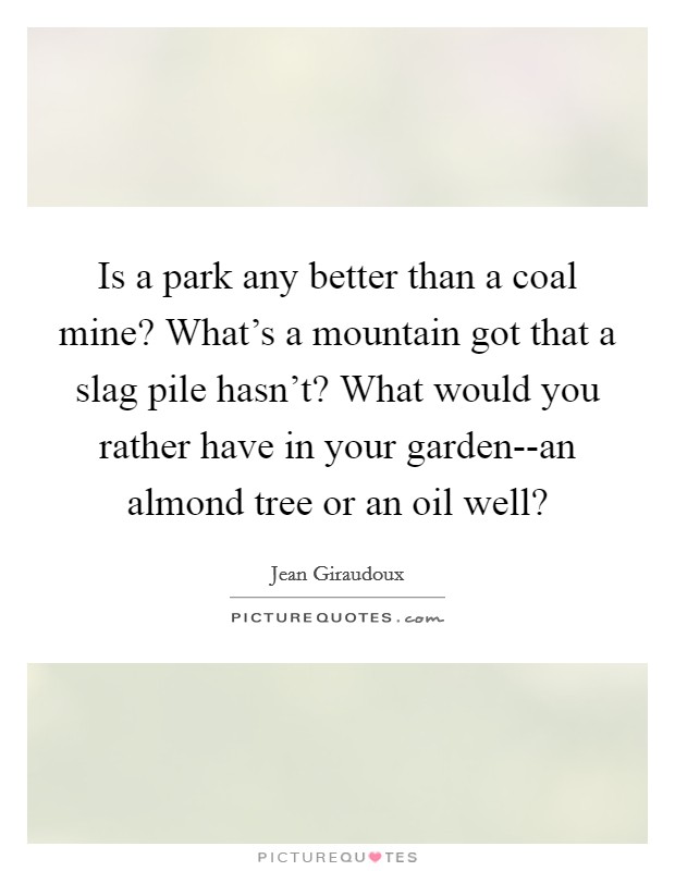 Is a park any better than a coal mine? What's a mountain got that a slag pile hasn't? What would you rather have in your garden--an almond tree or an oil well? Picture Quote #1