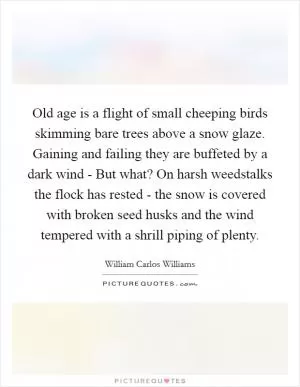 Old age is a flight of small cheeping birds skimming bare trees above a snow glaze. Gaining and failing they are buffeted by a dark wind - But what? On harsh weedstalks the flock has rested - the snow is covered with broken seed husks and the wind tempered with a shrill piping of plenty Picture Quote #1