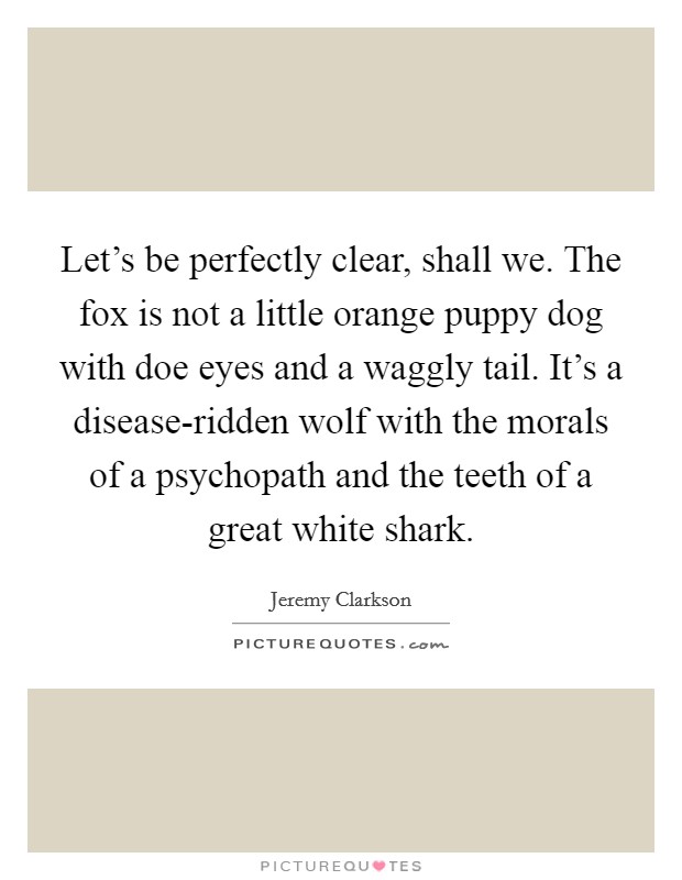 Let's be perfectly clear, shall we. The fox is not a little orange puppy dog with doe eyes and a waggly tail. It's a disease-ridden wolf with the morals of a psychopath and the teeth of a great white shark Picture Quote #1