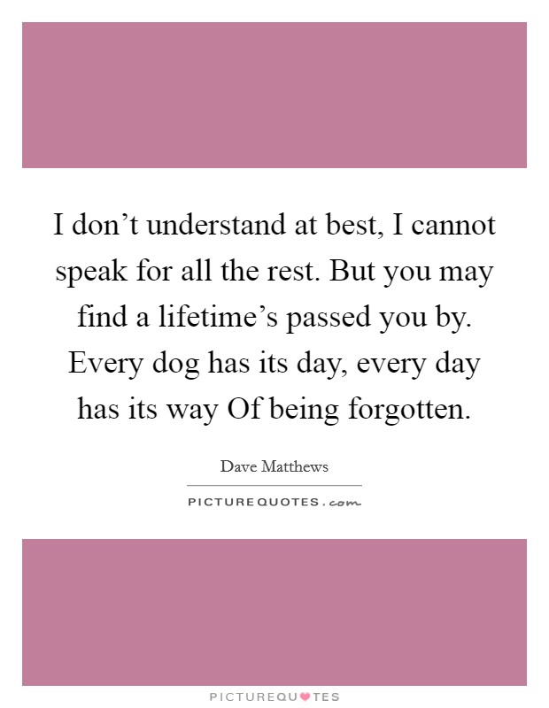 I don't understand at best, I cannot speak for all the rest. But you may find a lifetime's passed you by. Every dog has its day, every day has its way Of being forgotten Picture Quote #1