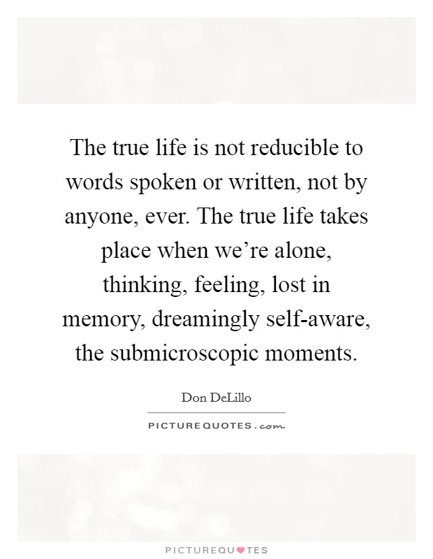 The true life is not reducible to words spoken or written, not by anyone, ever. The true life takes place when we're alone, thinking, feeling, lost in memory, dreamingly self-aware, the submicroscopic moments Picture Quote #1