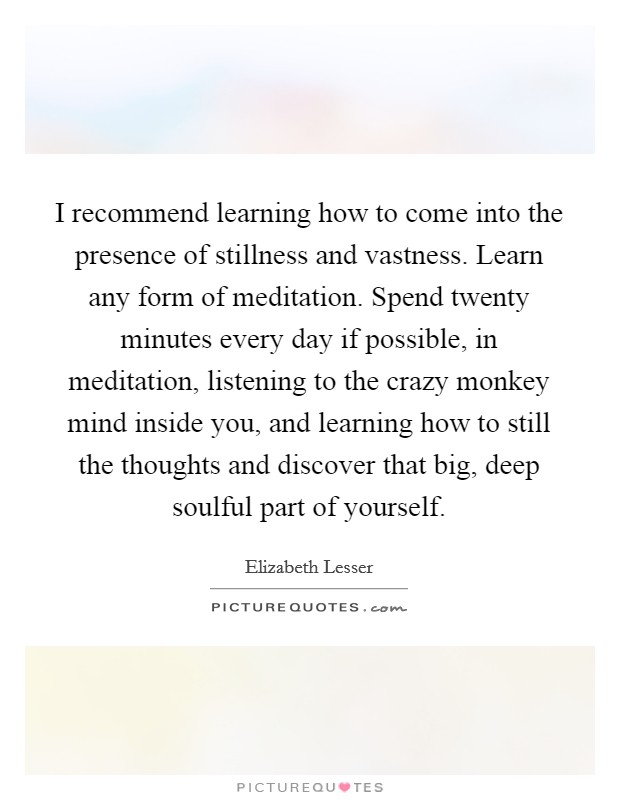 I recommend learning how to come into the presence of stillness and vastness. Learn any form of meditation. Spend twenty minutes every day if possible, in meditation, listening to the crazy monkey mind inside you, and learning how to still the thoughts and discover that big, deep soulful part of yourself Picture Quote #1