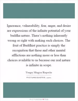 Ignorance, vulnerability, fear, anger, and desire are expressions of the infinite potential of your buddha nature. There’s nothing inherently wrong or right with making such choices. The fruit of Buddhist practice is simply the recognition that these and other mental afflictions are nothing more or less than choices available to us because our real nature is infinite in scope Picture Quote #1