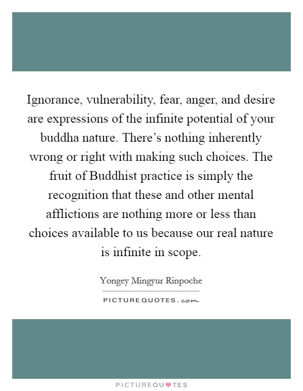 Ignorance, vulnerability, fear, anger, and desire are expressions of the infinite potential of your buddha nature. There's nothing inherently wrong or right with making such choices. The fruit of Buddhist practice is simply the recognition that these and other mental afflictions are nothing more or less than choices available to us because our real nature is infinite in scope Picture Quote #1