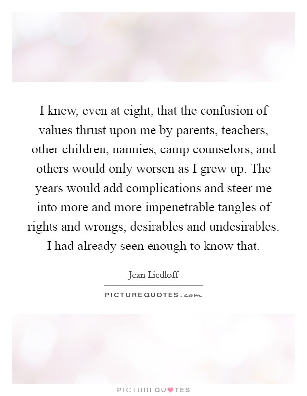 I knew, even at eight, that the confusion of values thrust upon me by parents, teachers, other children, nannies, camp counselors, and others would only worsen as I grew up. The years would add complications and steer me into more and more impenetrable tangles of rights and wrongs, desirables and undesirables. I had already seen enough to know that Picture Quote #1