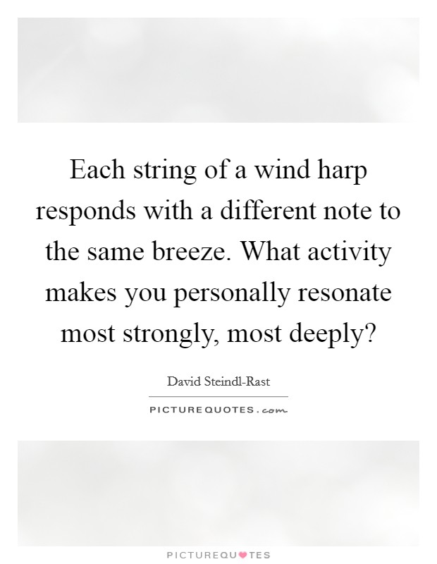 Each string of a wind harp responds with a different note to the same breeze. What activity makes you personally resonate most strongly, most deeply? Picture Quote #1